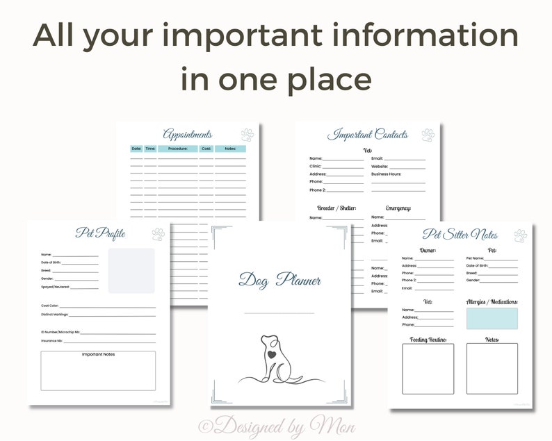 May include: A printable dog planner with sections for pet profile, appointments, important contacts, pet sitter notes, and a cute dog illustration. The planner is designed to help you keep track of all your pet's important information in one place.