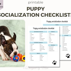 Peut inclure: Listes de contrôle de socialisation des chiots imprimables avec une liste de personnes, d'animaux, de véhicules motorisés, de surfaces différentes, de promenades et d'objets à présenter à votre chiot. La liste de contrôle est conçue pour aider à socialiser votre chiot et à prévenir les problèmes de comportement. Une photo d'un chiot jouant avec un jouet est en arrière-plan.