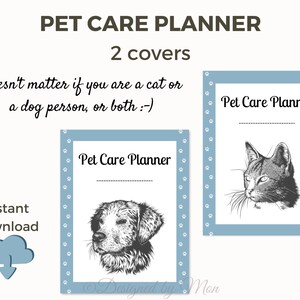 K&ouml;nnte beinhalten: Zwei druckbare Cover f&uuml;r einen Haustierpflege-Planer. Die Cover zeigen eine Schwarzwei&szlig;illustration eines Hundes und einer Katze. Der Text "Pet Care Planner" befindet sich oben auf jedem Cover.