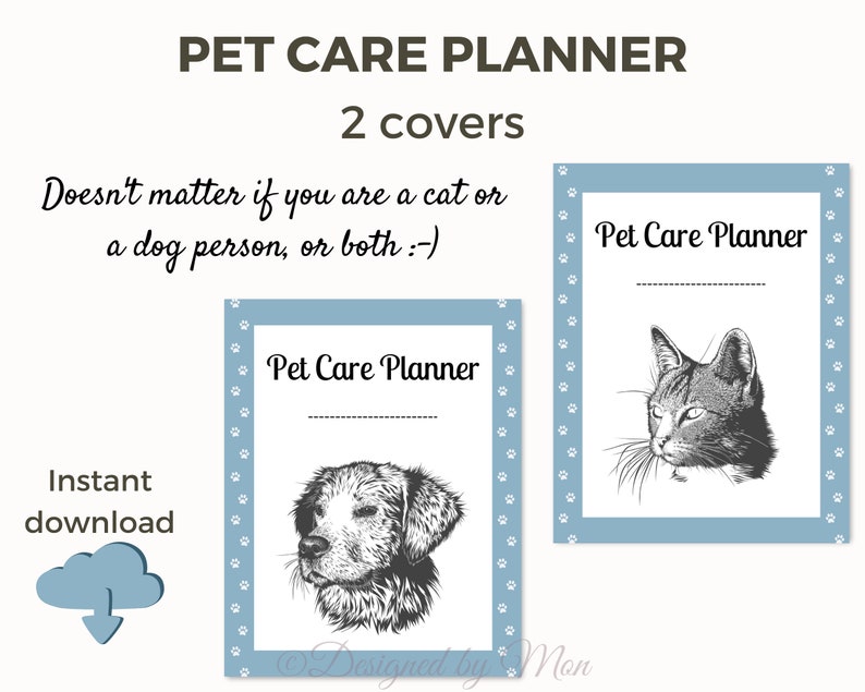 K&ouml;nnte beinhalten: Zwei druckbare Cover f&uuml;r einen Haustierpflege-Planer. Die Cover zeigen eine Schwarzwei&szlig;illustration eines Hundes und einer Katze. Der Text "Pet Care Planner" befindet sich oben auf jedem Cover.