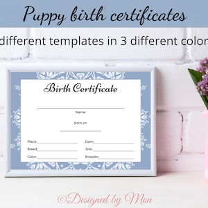 Afdrukbare puppy-geboortecertificaten voor hondenfokkers - fokkerformulieren, fokkerskaarten, fokker puppypakket, puppytas, puppykit