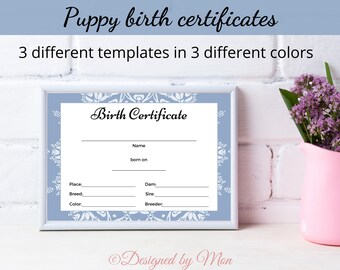 Certificados de nacimiento de cachorros imprimibles para criadores de perros: formularios de criadores, cuadros de criadores, paquete de cachorros de criadores, bolsa de cachorros, kit de cachorros