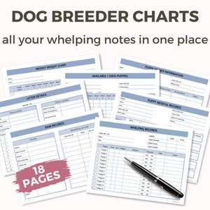 Dog breeder records bundle - whelping records , litter records, dog breeder forms , puppy weight chart , dog breeding