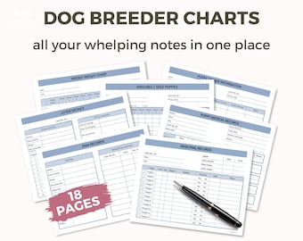 Paquete de registros de criadores de perros: registros de partos, registros de camadas, formularios de criadores de perros, tabla de peso de cachorros, cría de perros