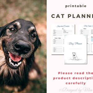 May include: Printable cat planner with sections for important contacts, pet sitter notes, and allergies/medications. The planner features a paw print design and a cute illustration of a cat.