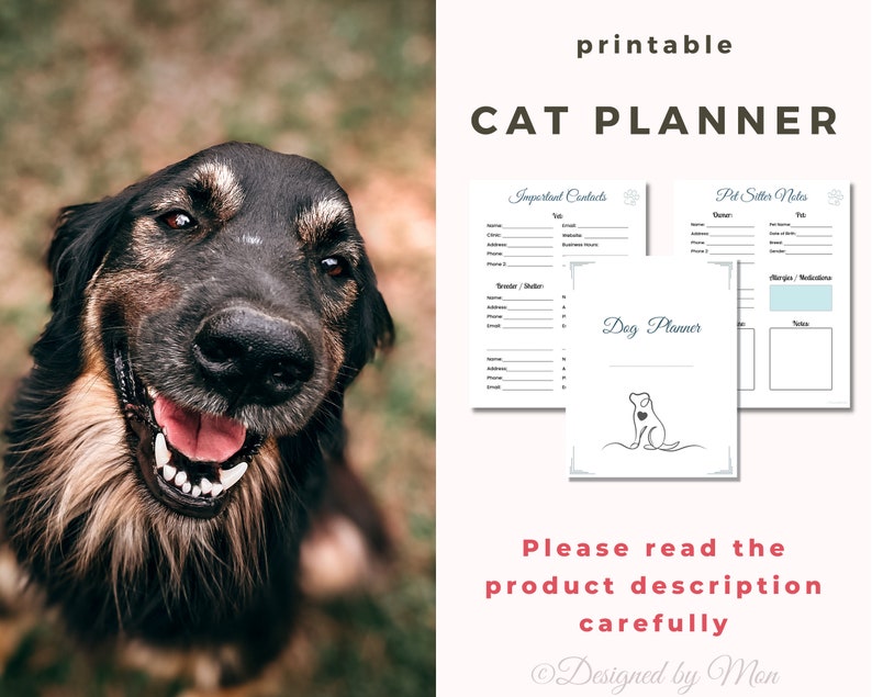 May include: Printable cat planner with sections for important contacts, pet sitter notes, and allergies/medications. The planner features a paw print design and a cute illustration of a cat.