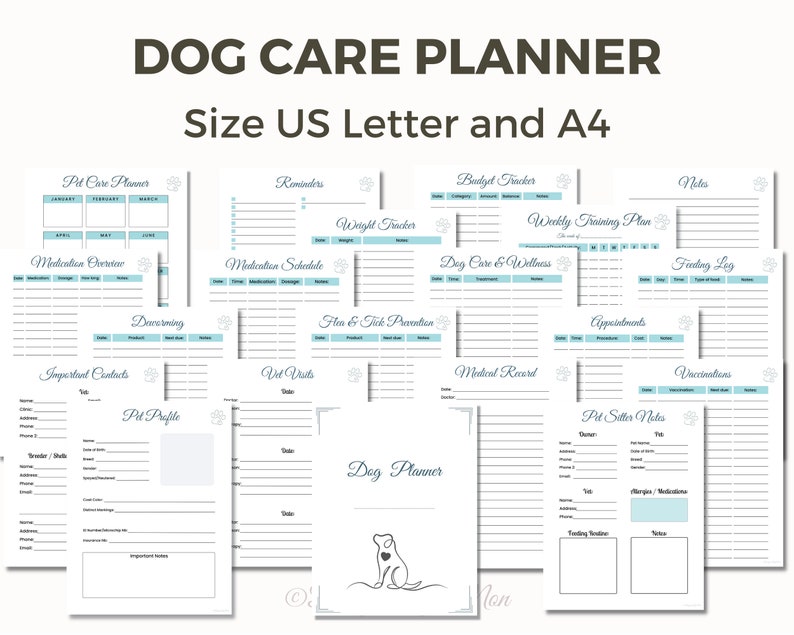 May include: A printable dog care planner with a light blue and white color scheme. The planner includes sections for pet care, medication, vet visits, training, and more. The planner is designed to help dog owners keep track of their dog's care.