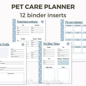 K&ouml;nnte beinhalten: Druckbarer Haustier-Pflegeplaner mit 12 Ringbuch-Eins&auml;tzen. Der Planer enth&auml;lt Abschnitte f&uuml;r das Haustierprofil, wichtige Kontakte, Notizen f&uuml;r den Tierbetreuer und einen Monatskalender zur Verfolgung von Terminen und Pflege.