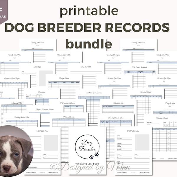 Dog breeder records bundle with Whelping records: printable dog breeder charts and puppy records for your dog breeding business