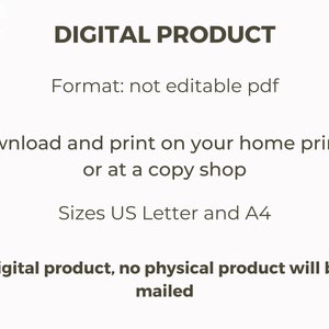 K&ouml;nnte beinhalten: Digitaler Produkttext auf wei&szlig;em Hintergrund. Der Text lautet "DIGITAL PRODUCT", "Format: nicht editierbares PDF", "Herunterladen und Drucken auf Ihrem Heimdrucker oder in einem Kopierladen", "Formate US Letter und A4" und "Digitales Produkt, kein physisches Produkt wird versandt".