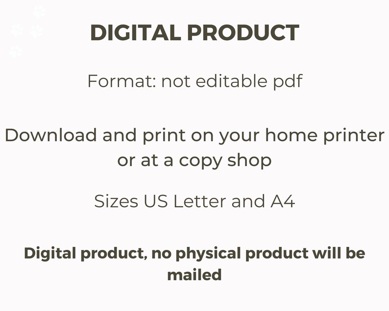 K&ouml;nnte beinhalten: Digitaler Produkttext auf wei&szlig;em Hintergrund. Der Text lautet "DIGITAL PRODUCT", "Format: nicht editierbares PDF", "Herunterladen und Drucken auf Ihrem Heimdrucker oder in einem Kopierladen", "Formate US Letter und A4" und "Digitales Produkt, kein physisches Produkt wird versandt".