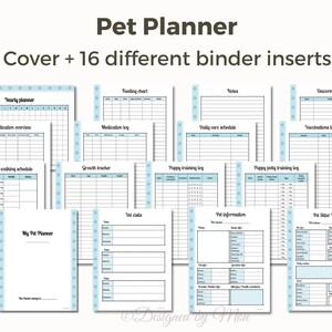 May include: A printable pet planner with a blue and white cover and 16 different binder inserts. The inserts include pages for yearly planning, feeding charts, medication logs, daily care schedules, growth trackers, puppy training logs, deworming logs, vaccination logs, vet visits, pet information, and pet sitter notes.