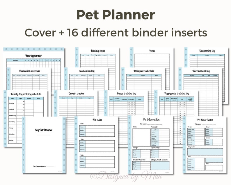 May include: A printable pet planner with a blue and white cover and 16 different binder inserts. The inserts include pages for yearly planning, feeding charts, medication logs, daily care schedules, growth trackers, puppy training logs, deworming logs, vaccination logs, vet visits, pet information, and pet sitter notes.