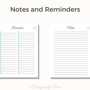 May include: Printable checklist with two columns, one labeled "Reminders" and the other labeled "Notes". Each column has a paw print icon at the top and lined spaces for writing.