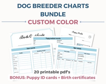 El mejor paquete de cuadros de criadores de perros con su color personalizado: formularios de criadores, registros de partos, detalles de camadas, certificados de nacimiento de cachorros