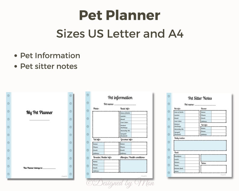 May include: A printable pet planner with a blue and white design. The planner includes sections for pet information, pet sitter notes, and a cover page that says "My Pet Planner".