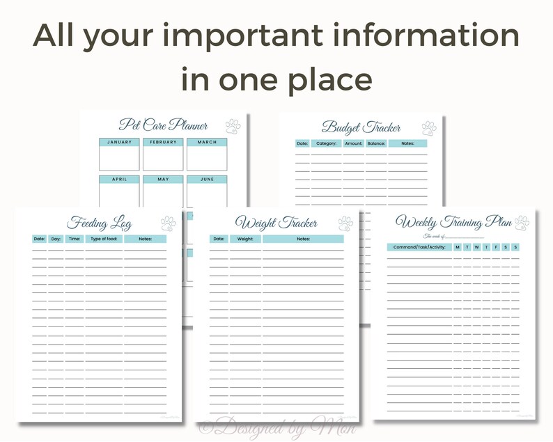 May include: Printable pet care planner with sections for a budget tracker, feeding log, weight tracker, and weekly training plan. The pages are decorated with paw prints and a light blue color.