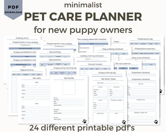 Planificador de mascotas minimalista para nuevos propietarios de cachorros - Planificador de cachorros / Diario de cuidado de mascotas / Organizador de nuevos perros, Lista de verificación de socialización, Entrenamiento de cachorros