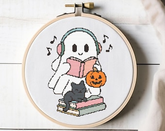 Audiobook Ghost Halloween Cross Stitch Pattern