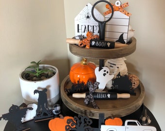 Handmade Halloween Tiered Tray Decor – Mini Wooden Characters