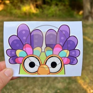 May include: A rectangular sticker featuring a cartoon character with large white eyes, orange circular glasses, and a green face. The character has a vibrant crest of purple, pink, yellow, and blue feathers. The text WEMAYKE is printed in the center.
