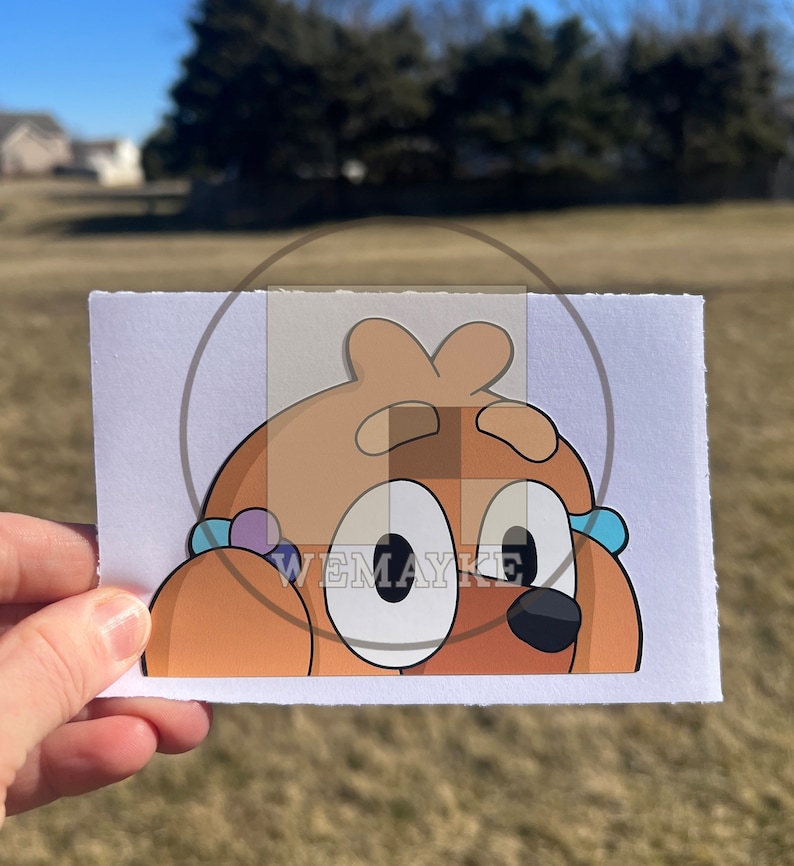 May include: A rectangular white card featuring a cartoon illustration of a brown dog character with large white eyes, a black nose, and small blue and purple circular accents on the sides, with the text WEMAYKE printed in white across the center.