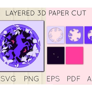 Unicorn, Butterflies 3D Layered Paper Cut, SVG, Shadow Box Template