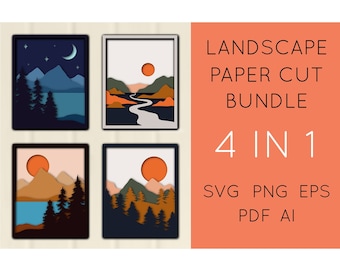 May include: Set of four paper cut landscape designs. Each design features a different scene with mountains, trees, water, and a sun or moon. The designs are in a modern style with a minimalist color palette.
