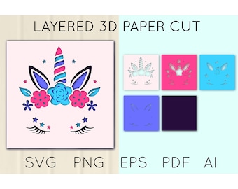 Niedlicher Einhorn Einhornkopf, Blumen 3D Papierschnitt, SVG, Shadow Box Vorlage, Papierschnitt