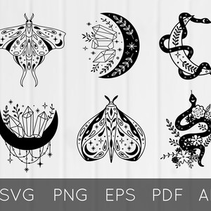 Boho SVG bundle, Magic Celestial mystical Moon, Crystals, Snake, Moth, Stars, files for cricut, Clipart, Silhouette svg png eps pdf ai