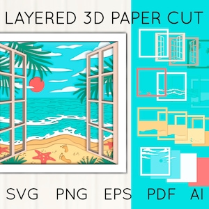 May include: Layered 3D paper cut design featuring a beach scene viewed through an open window. The artwork includes a red sun, blue sky, turquoise water, and a sandy beach with a starfish and footprints. The image also includes the file types: SVG, PNG, EPS, PDF, and AI.