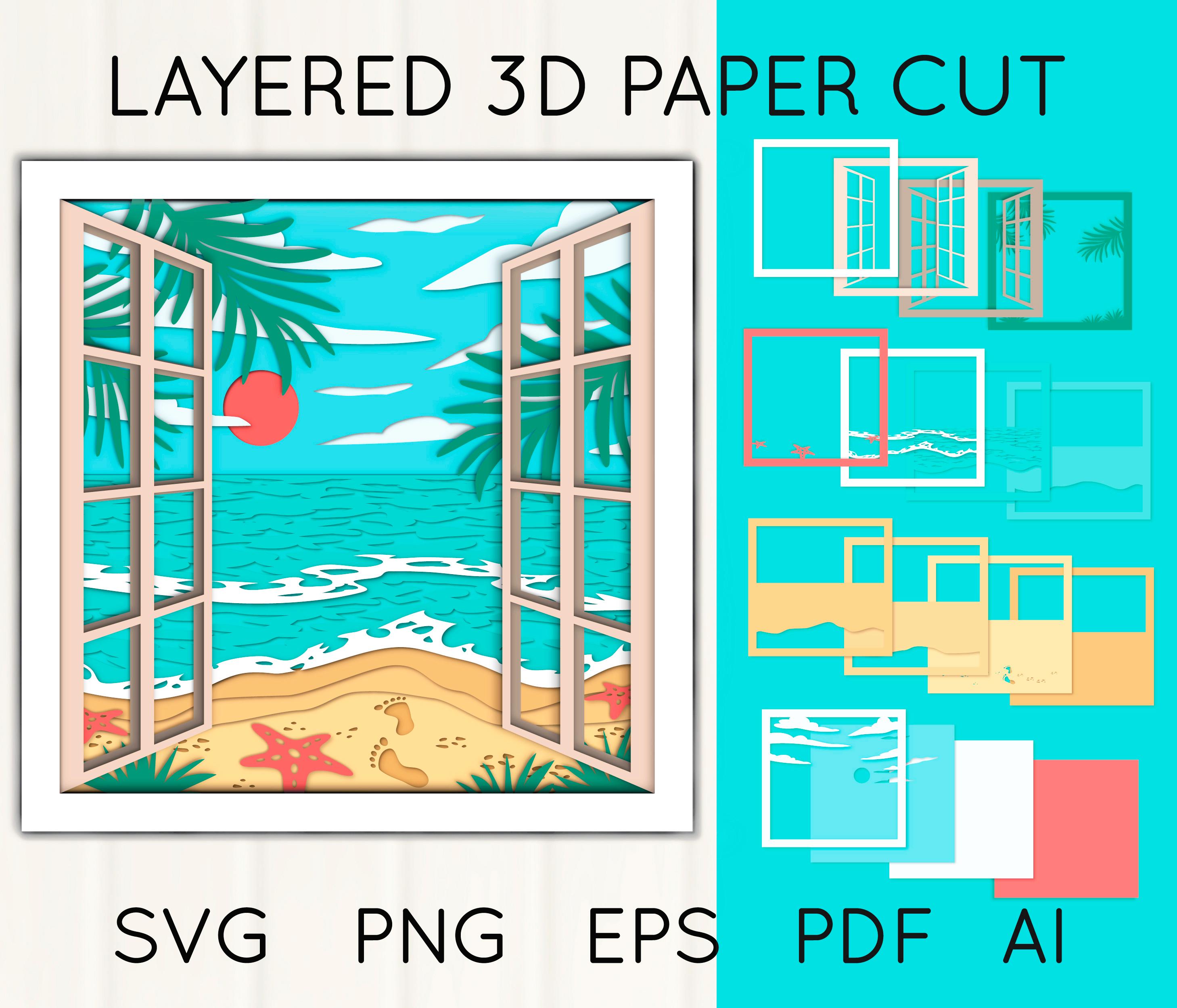 Paper Cut Window Beach View Window 3D Shadow Box SVG | Ocean Layered Paper Cut, Sea View ...