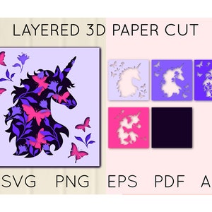 Unicorn, Butterflies 3D Layered Paper Cut, SVG, Shadow Box Template