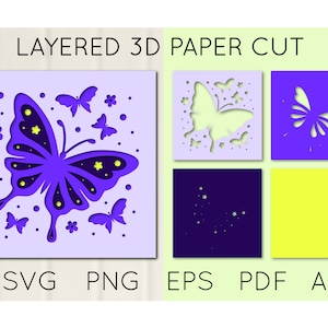 Butterflies and Flowers 3D Layered Paper Cut, PaperCutting digital file, Shadow Box Template for Cricut and Silhouette SVG PNG EPS pdf