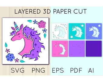 Cute Magic Unicorn Head, Flowers 3D Layered Paper Cut, SVG, Shadow Box Template, Papercutting