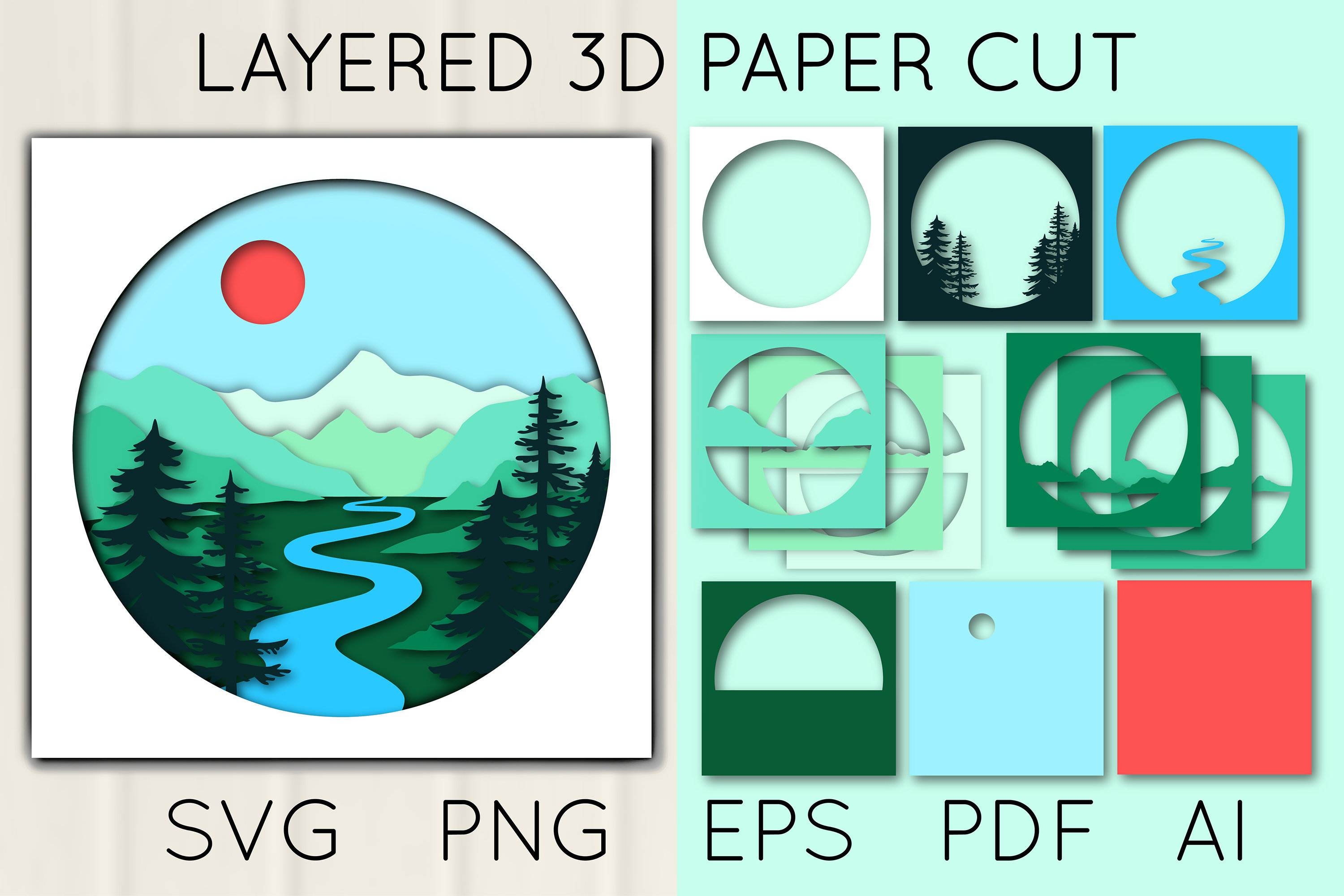 3D Landscape Layered Paper Cut SVG, Mountains, River and Trees, Forest