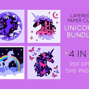 Paquete de unicornios mágicos 3D recortados en papel en capas: 4 diseños diferentes de unicornios, caja de sombras, decoración del hogar, plantilla de corte de papel para Cricut y Silhouette