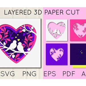 3D Love Birds assis sur la branche SVG, fleurs et cœur, Shadow Box, Valentine, Wedding Layered Paper Cut, Modèle pour Cricut