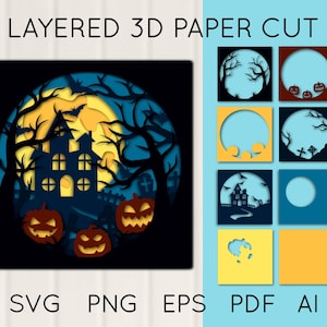 3D Halloween with Haunted House Layered Paper Cut. Cut file template, Halloween Shadow Box, Cricut file, Halloween SVG, Pumpkin SVG