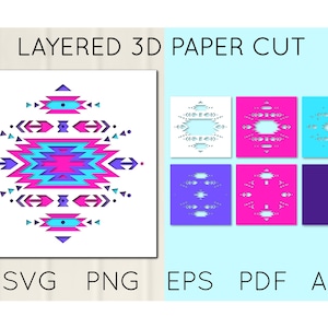 Può includere: Un design di taglio di carta 3D a strati con un motivo geometrico nei toni del rosa, blu e viola. Il design è su sfondo bianco, con le parole "LAYERED 3D PAPER CUT" sopra. I tipi di file sono SVG, PNG, EPS, PDF e AI.