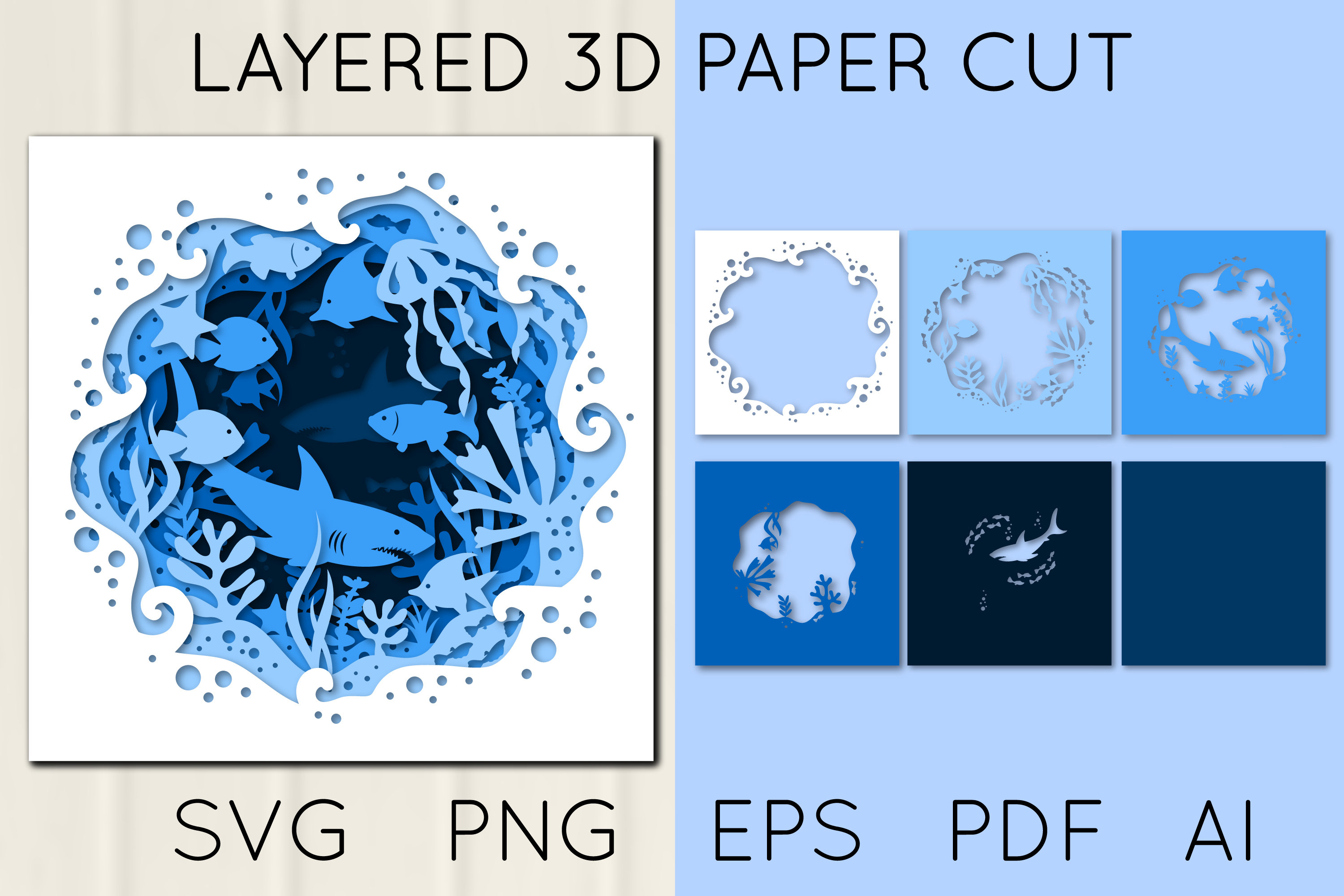 3D Under the Sea Layered Paper Cut Bundle 4 in 1: Sea Turtle, Sharks ...