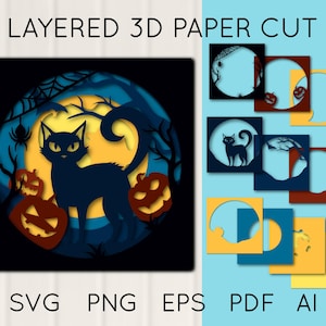 3D Halloween with Spooky Cat Layered Paper Cut. Cut file template, Halloween Shadow Box, Cricut file, Halloween SVG, Pumpkin SVG, Cat SVG