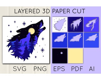 Wild Wolf 3D Layered Paper Cut, Wall Art, Shadow Box, Wolf svg, Wolf silhouette, Wolf Light box, Wolf decor, papercraft, cut file, digital