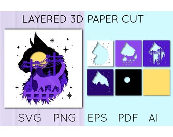 Cat 3D Layered Paper Cut, Cat SVG, Cat Shadow Box, 3D Cat Silhouette svg, Cricut template, Lightbox, cityscape, laser cut, digital file