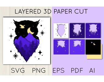 May include: Layered 3D paper cut design of an owl with a crescent moon and stars. The owl is silhouetted against a purple mountain range with trees. The design is available in SVG, PNG, EPS, PDF, and AI formats.