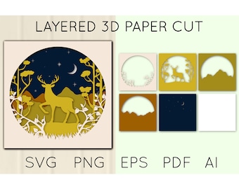 Puede incluir: Un diseño de corte de papel 3D en capas que presenta un ciervo dorado en una escena de bosque bajo un cielo estrellado con una luna creciente. El diseño incluye el texto "LAYERED 3D PAPER CUT" y opciones de tipo de archivo: SVG, PNG, EPS, PDF y AI.