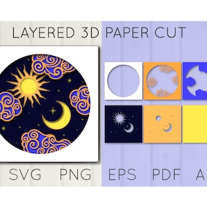 Puede incluir: Diseño de corte de papel 3D en capas que presenta un sol, una luna y nubes en un marco circular. El diseño está formado por múltiples capas de papel, creando un efecto 3D. El sol es amarillo, la luna es blanca y las nubes son azules y doradas.
