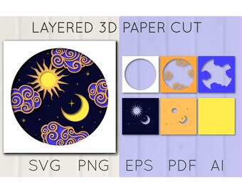 3D Moon and Sun and Stars Layered Paper Cut, Celestial SVG, Celestial Shadow Box, Cut file template, Moon Shadow Box, Cricut file, Moon SVG