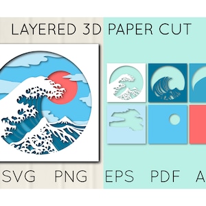 Recorte de papel en capas de olas del mar en 3D, SVG de olas del océano, recorte de papel de olas japonesas, caja de sombras de paisaje, archivos Cricut, manualidades de papel en capas, caja de luz