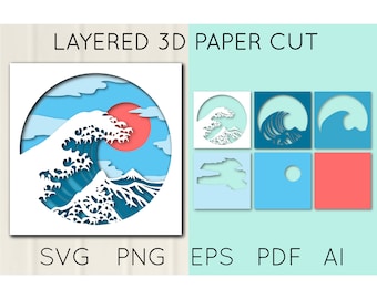 3D Sea Wave Layered Paper Cut, Ocean Wave SVG, Japanese wave paper cut, landscape Shadow Box, Cricut files, Layered paper craft, Light Box